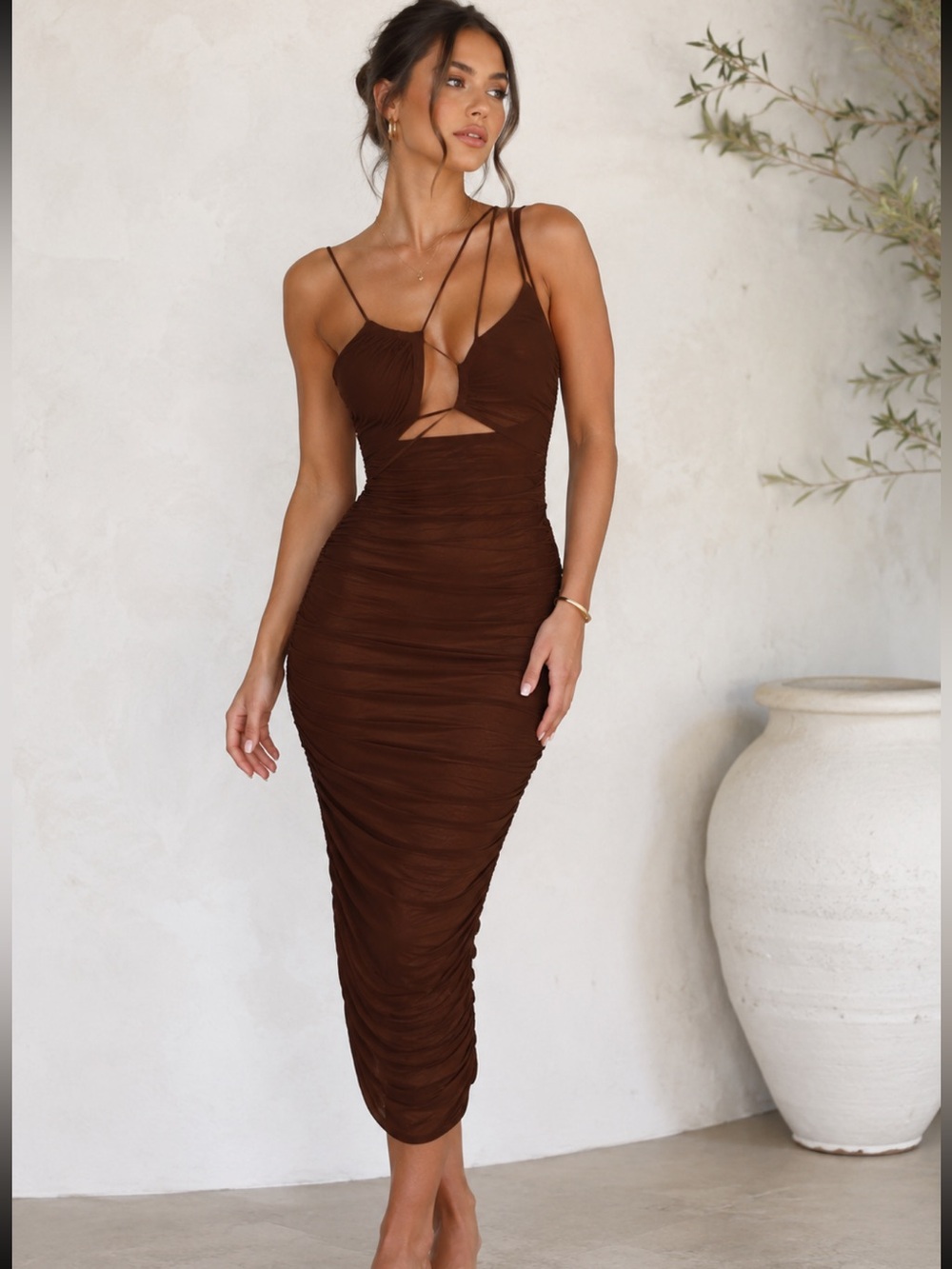 LEAU Seoul Brown Strap Cutout Mesh Ruched Bodycon Midi Dress NWT Small
